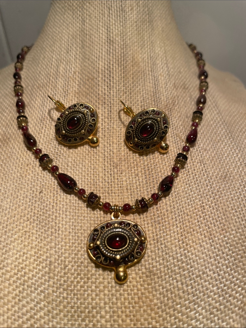 Michal Golan Gold-Tone Garnet Pendant Necklace and Earring Set
